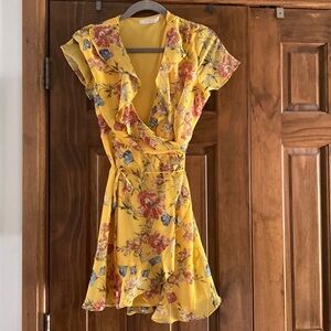 Lush Mini Wrap Yellow Floral Short Sleeve Dress Flouncy Hem M